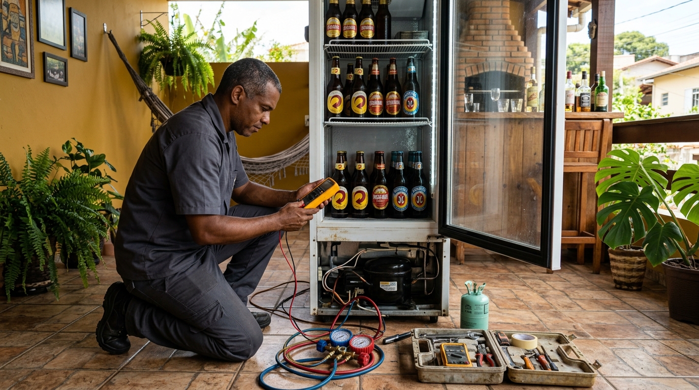 Placa eletrônica de cervejeira em reparo na bancada em Ribeirão Preto‑SP