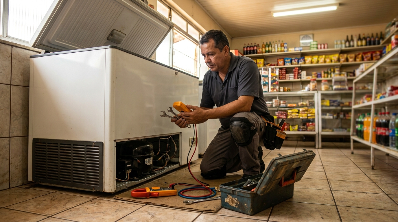 Técnico reparando o motor de um freezer horizontal em Ribeirão Preto‑SP