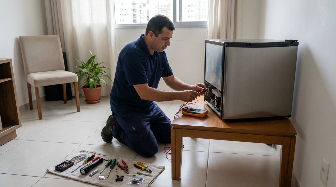 Técnico revisando o motor de um frigobar em Ribeirão Preto‑SP