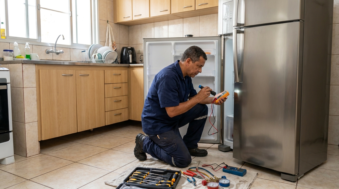 Técnico fazendo recarga de gás em geladeira de cliente no Centro, Ribeirão Preto‑SP